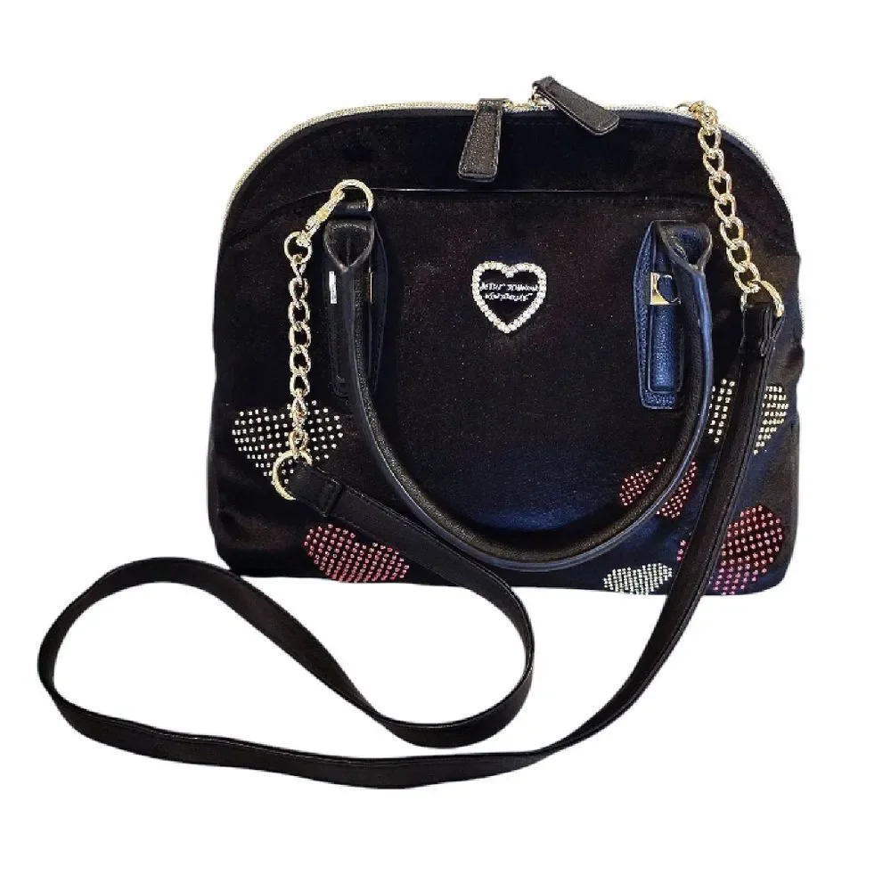 Betsey‎ Johnson Black Velvet Studded Hearts Dome Satchel Crossbody Bag Large